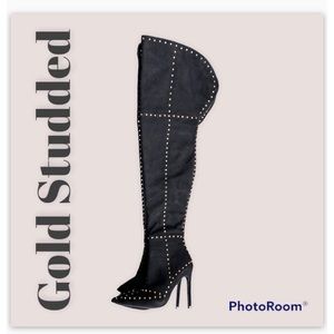 Black with Gold Studs Over the Knee Boots